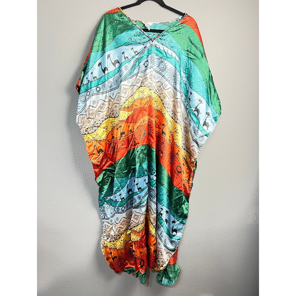 Winlar Kaftan Dress One SZ Multicolor Giraffe Tribal Print Satin V-Neck Oversize